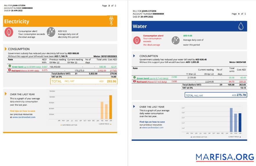 Printable UAE Abu Dhabi Al Ain Distribution Co. Word and PDF utility bill template (5 pages) 3 4